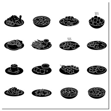 Afro-Caribbean food glyph icons set. Traditional dishes. Oktail, ewa rira, meat pie, akara and ogi. Local food concept.Filled flat signs. Isolated silhouette vector illustrations