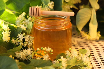 jar of linden honey with linden blossom
