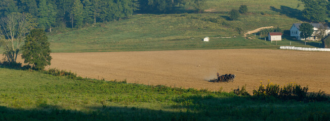 Amish man plowing a field with his horses in a valley on his farm in Holmes County, Ohio