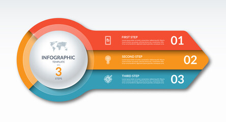 Infographic banner with 3 steps, options, parts. Can be used for diagram, graph, chart, report, web design. 3-step vector template in the form of an arrow.