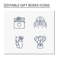 Gift boxes line icons set. Toy , flower and dress in case, box for bottle, decorations and surprise. Celebration concept. Isolated vector illustrations. Editable stroke