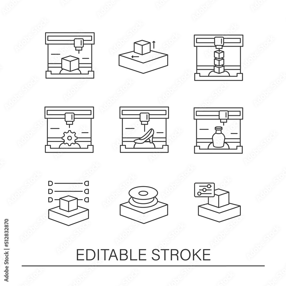 Poster 3d printing line icons set. prototyping process.additive manufacturing modern technology concepts. i
