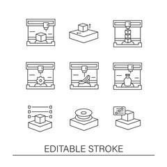 3d printing line icons set. Prototyping process.Additive manufacturing Modern technology concepts. Isolated vector illustrations. Editable stroke