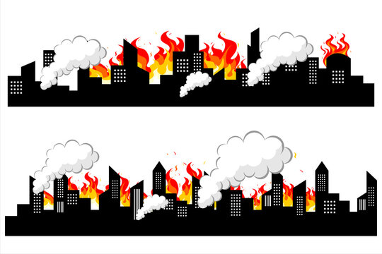 Skyscrapers on fire. Illustration of fire burning buildings