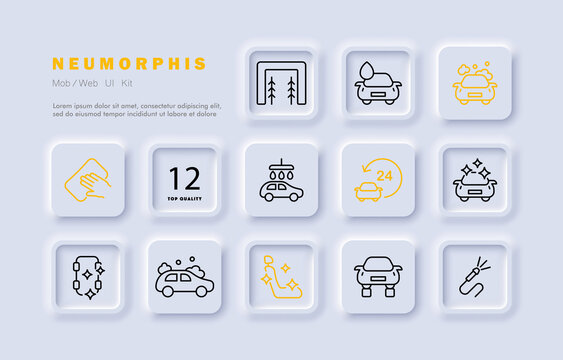 Car wash set icon. 24 to 7, rag, sponge, detergent, garage, karcher, cleanliness, salon, vacuum cleaner. Service station concept. Neomorphism style. Vector line icon for Business and Advertising