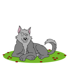 vector image of a gray wolf that lies on the green grass. sly muzzle of a wolf