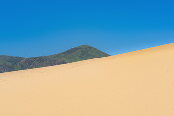 Fototapeta na wymiar sandy desert and mountains in the distance, landscape on the dune Sarykum in Dagestan