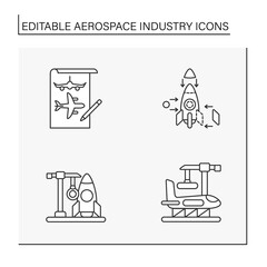  Aerospace industry line icons set. Helicopter, rocket and plane designing. Aircraft concepts. Isolated vector illustrations. Editable stroke
