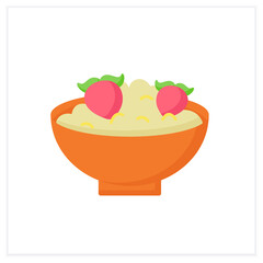 Children nutrition flat icon. Organic porridge for kids with strawberries. Healthy menu. Baby food concept. Color vector illustration