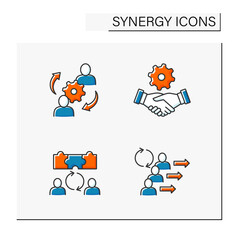Synergy color icons set. Interaction or cooperation of organizations.Career development, collaboration, handshaking, human synergy. Coworking concept. Isolated vector illustrations