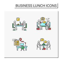 Business lunch color icons set. Working meeting at lunchtime. Discussion between workers. Talking concept. Isolated vector illustration