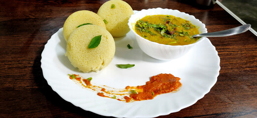 South indian breakfast idli, sambar and coconut chutney