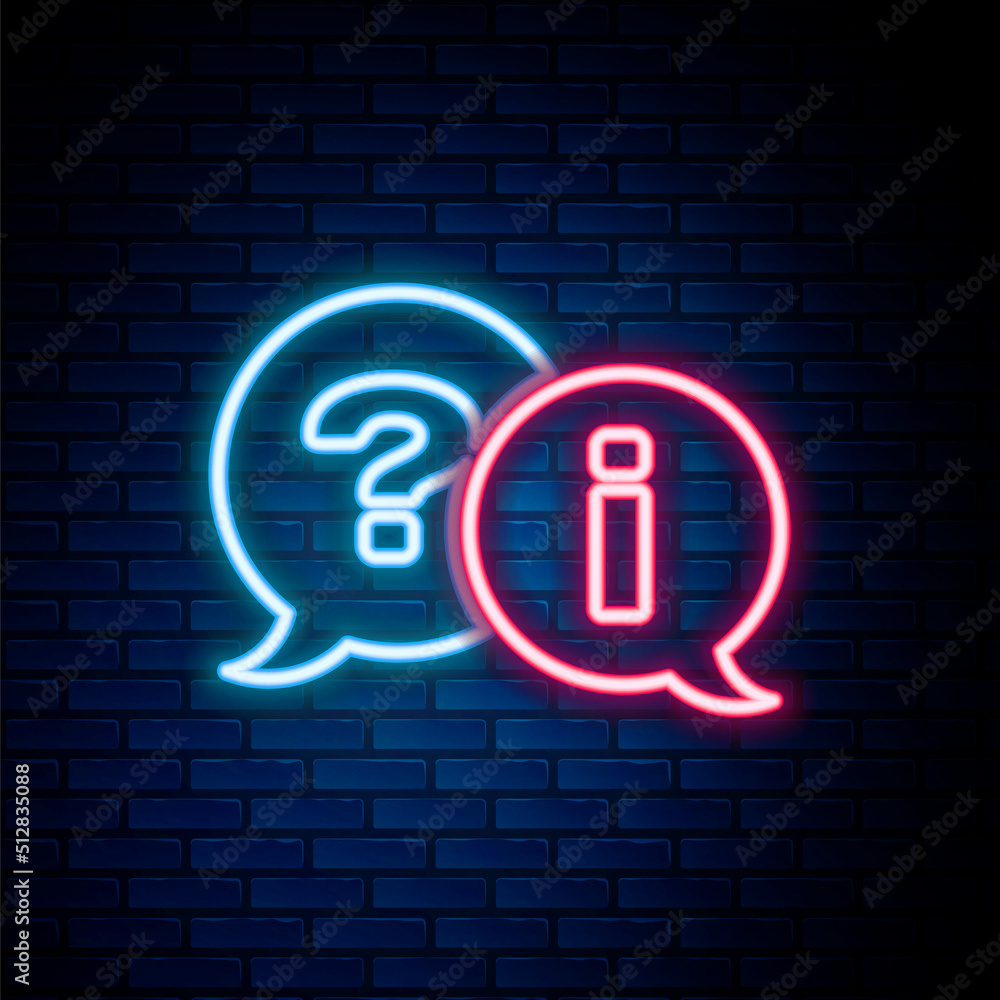 Poster glowing neon line speech bubbles with question and exclamation icon isolated on brick wall backgroun