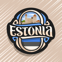 Vector logo for Estonia country, fridge magnet with estonian state flag, original brush typeface for word estonia, national estonian symbol - Kuressaare episcopal castle on cloudy sky background