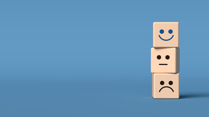 Background image of 3 wooden blocks arranged in a row with different moods. 3D illustration.