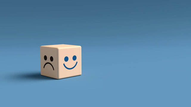 The wooden block hides the sadness and turns out to smile at the light. 3D illustration.