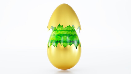 3d render of Gold luxury easter egg cracked with watermelon inside.