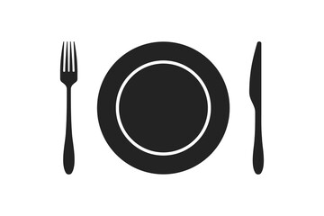 Plate with fork and knife icon. Dinner symbol. Simple dishes icon.