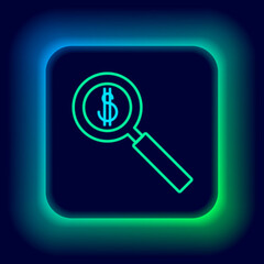 Glowing neon line Magnifying glass and dollar symbol icon isolated on black background. Find money. Looking for money. Colorful outline concept. Vector