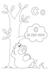 coloring sheet for little kids. letter c is for cow. black and white educational illustration. you can print it on a4 size paper