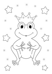 coloring page for kids. cute cartoon frog prince with a crown and stars for coloring. you can print it on a4 paper size