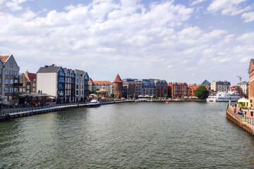 Naklejka premium View of old town Gdansk. Beautiful morning on the Motlava River. Gdansk view, travel destination in Poland