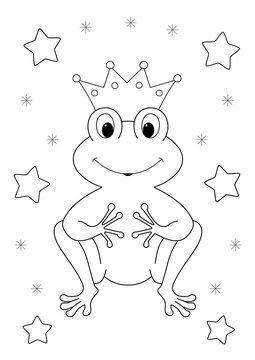 coloring page for kids. cute cartoon frog prince with a crown and stars for coloring. you can print it on a4 paper size