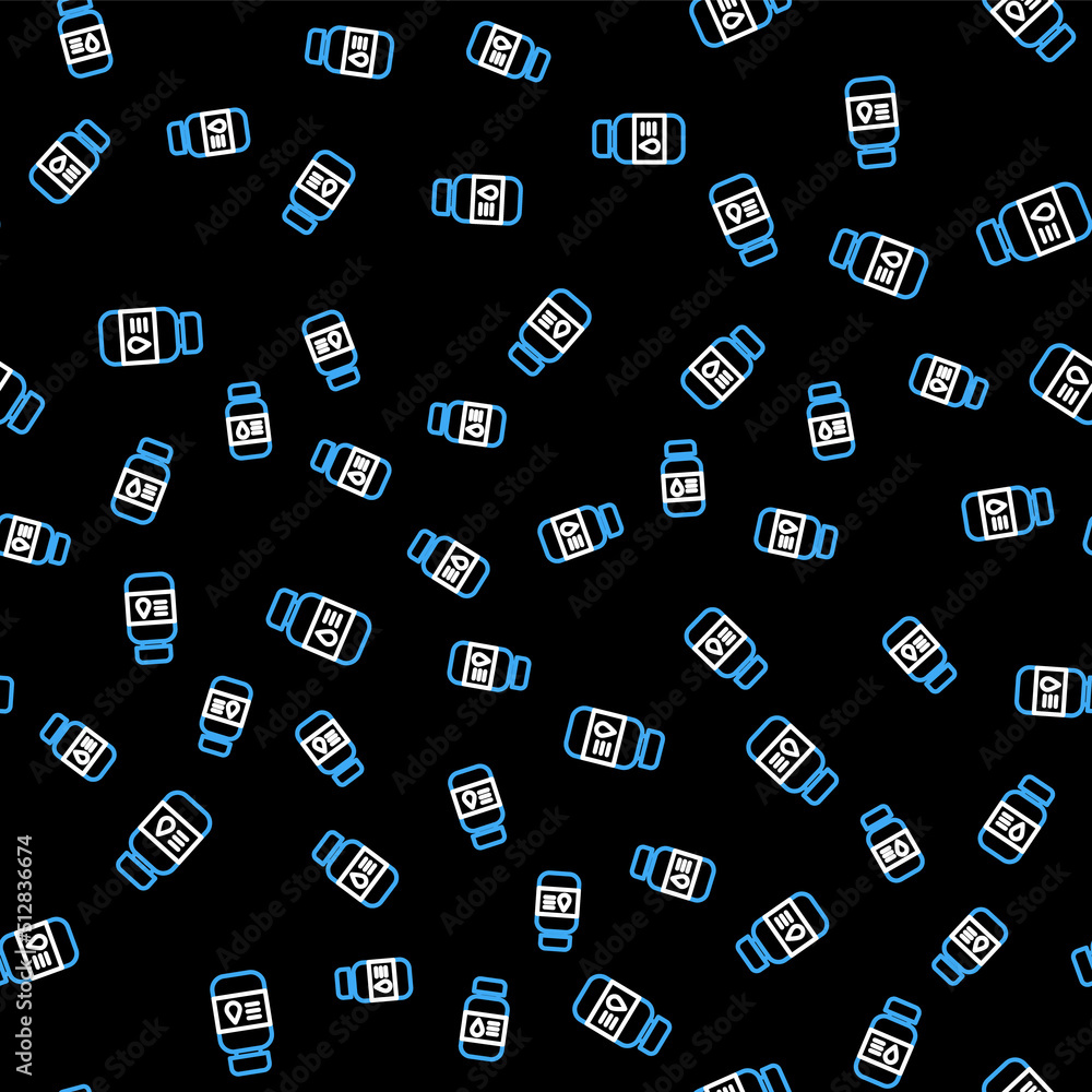 Poster line printer ink bottle icon isolated seamless pattern on black background. vector