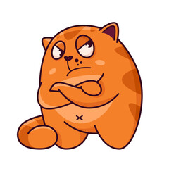 Cute red cat folded his arms on his chest. Shows emotions distrust, reflection, suspicion. Cat character hand drawn style, sticker, emoji
