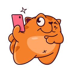 Cute red cat with a phone. Taking a selfie. Cat character hand drawn style, sticker, emoji - 512836677
