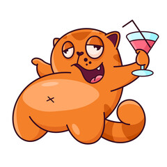 Cute red cat with a glass of wine. Party was a success, cat is drunk. Cat character hand drawn style, sticker, emoji - 512836681