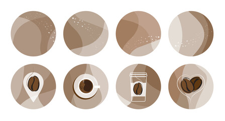 Bundle of round highlight  stories covers. Vector layouts kit with coffee take away cup, coffee bean, map pointer, heart, organic shapes, textures. Abstract trendy design for social media marketing ad