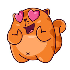 Cute red cat with hearts in his eyes. Shows emotions of love, delight, admiration. Cat character hand drawn style, sticker, emoji