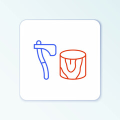 Line Wooden axe in stump icon isolated on white background. Lumberjack axe. Axe stuck in wood. Chopping wood. Colorful outline concept. Vector