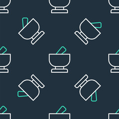 Line Mortar and pestle icon isolated seamless pattern on black background. Vector