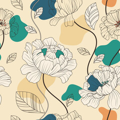 Vector seamless pattern with line graphic flowers, leaves with abstract shapes. Hand drawn illustration perfect for fabric design, textile decoration, wrapping paper, wallpaper, card.