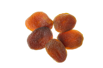 Eco dried apricots without preservatives, top view, isolated on white background.