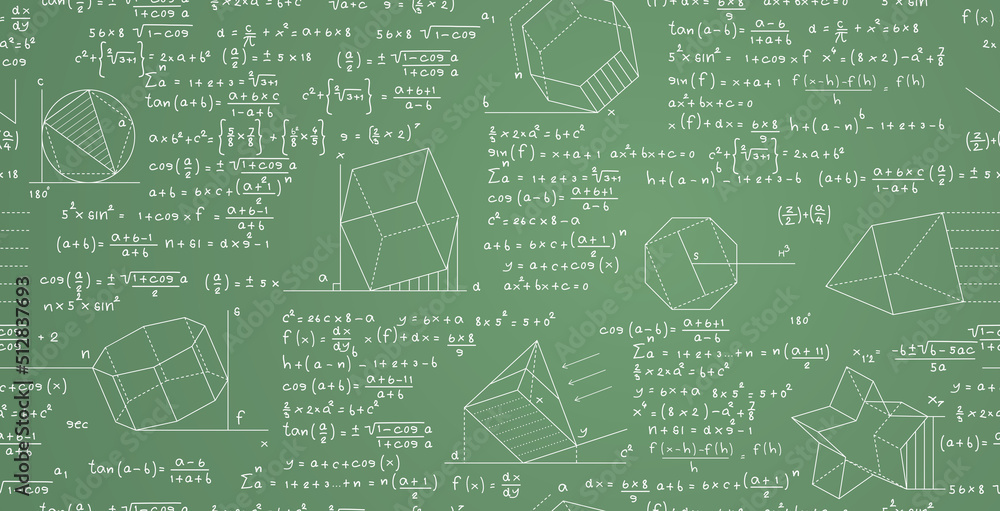 Wall mural seamless geometric shapes with numbers and formulas on a chalkboard.