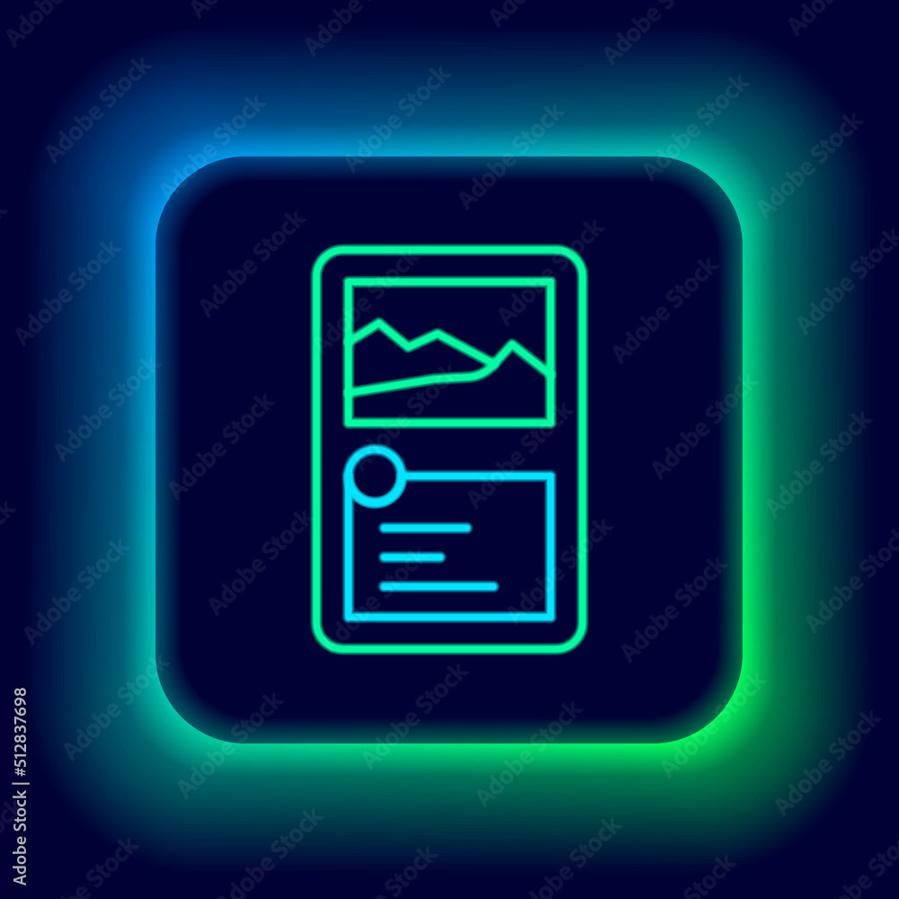 Poster glowing neon line card game collection icon isolated on black background. fantasy ui kit with magic 