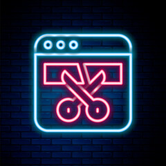 Obraz premium Glowing neon line Video recorder or editor software on laptop icon isolated on brick wall background. Video editing on a laptop. Colorful outline concept. Vector
