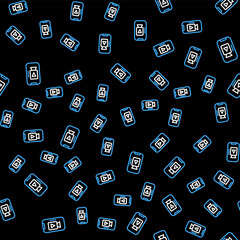 Line Online play video icon isolated seamless pattern on black background. Smartphone and film strip with play sign. Vector