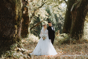The bride and groom stand together between large old trees against the backdrop of a forest at...