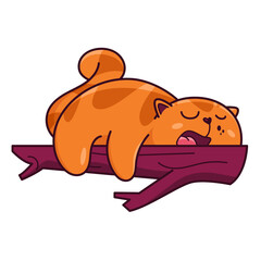 Cute red cat sleeps on a tree branch. Shows emotions sleep, good night, fatigue. Cat character hand drawn style, sticker, emoji - 512838090