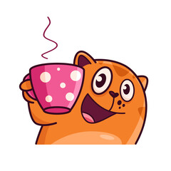 Cute red cat with a cup of hot tea. Shows emotions, happiness, joy, smile, satisfied, cheerful, good morning. Cat character hand drawn style, sticker, emoji - 512838095