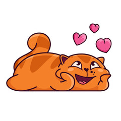 Cute red cat. Shows emotions, happiness, joy, smile, love, dreams, fantasy. Cat character hand drawn style, sticker, emoji