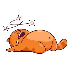 Cute red cat lies unconscious, the stars are above his head. Shows emotions, head spinning, shock, nerves. Cat character hand drawn style, sticker, emoji - 512838098