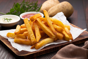 French fries,fried slice potatoes on paper with ketchup and mayo dip