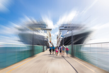 Cruise passengers return to cruise ships at St Kitts Port Zante cruise ship terminal with motion...