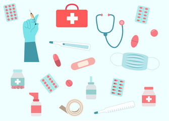 Medical tools set isolated, medical icons. Collection of stethoscope, first aid box, syringe, cans of pills, plaster, thermometer, spray, medical mask. Vector illustration flat cartoon