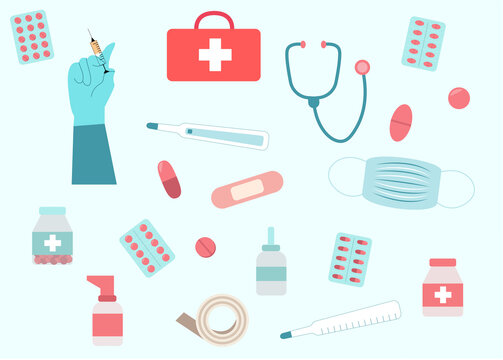 Medical tools set isolated, medical icons. Collection of stethoscope, first aid box, syringe, cans of pills, plaster, thermometer, spray, medical mask. Vector illustration flat cartoon © Alexandra